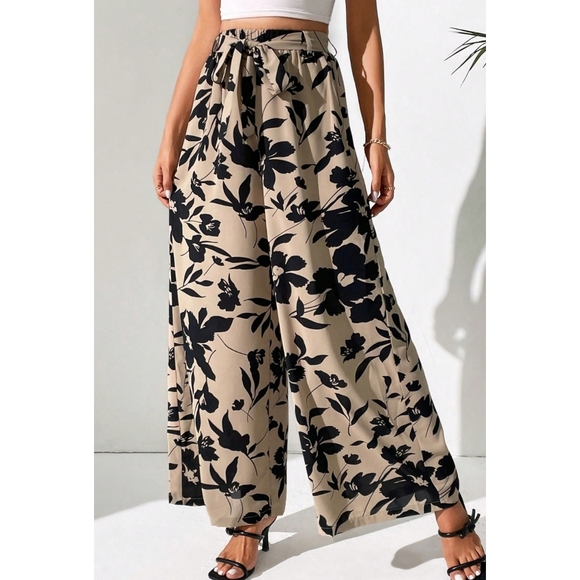 Tan Floral Wide Leg Pants - Picture 5 of 8